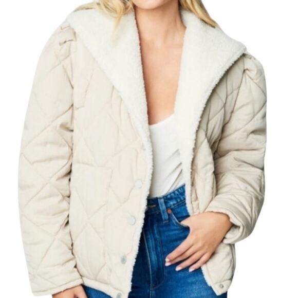 Blank NYC Faux Fur Trim Snap Front Quilted Puffer Jacket Cream Cozy XL NWT - Picture 1 of 16